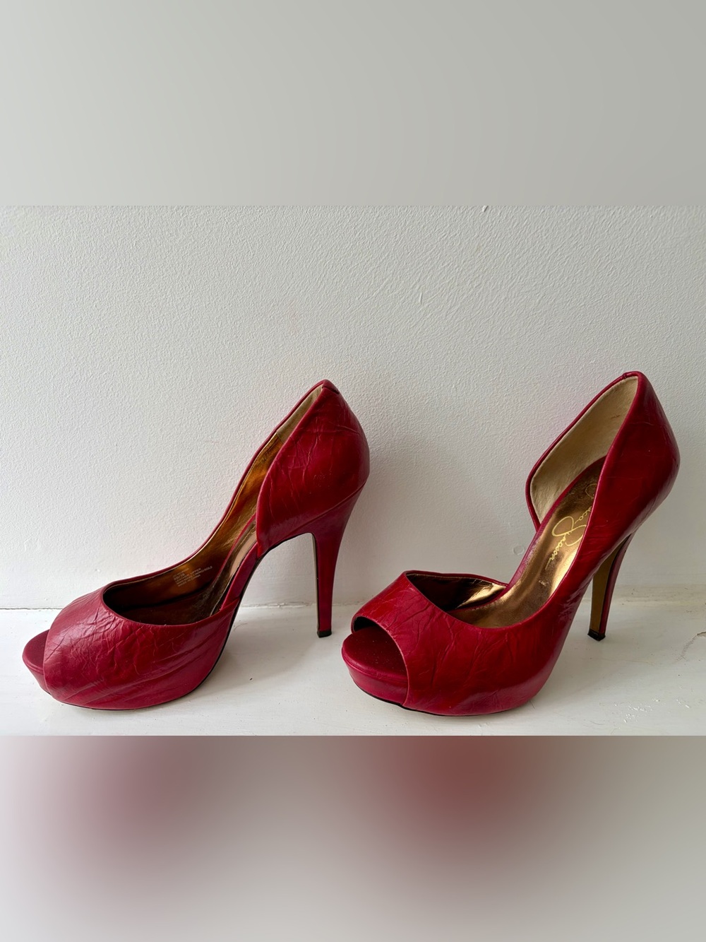 Jessica Simpson Red High Heel Textured Peep Toe Pumps - Women